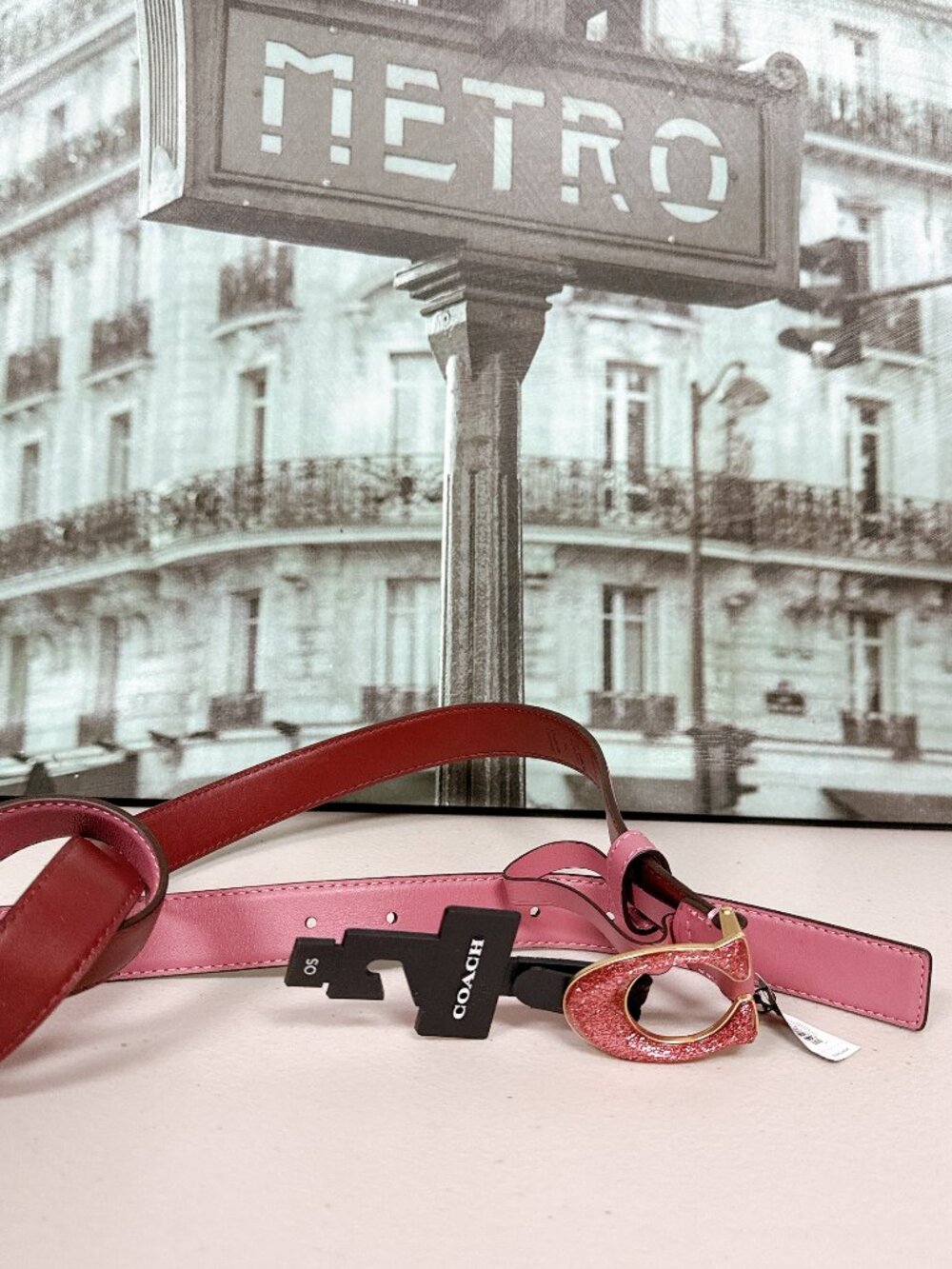 Coach Belt 2775 Iconic C Logo Buckle Glitter Glittering Pink Women's Size L